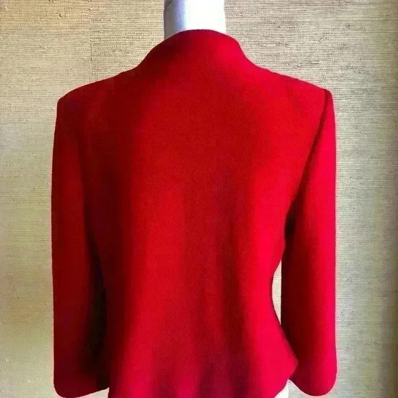 St. John Collection Red Knit & Leather Trim Jacket - Picture 2 of 8